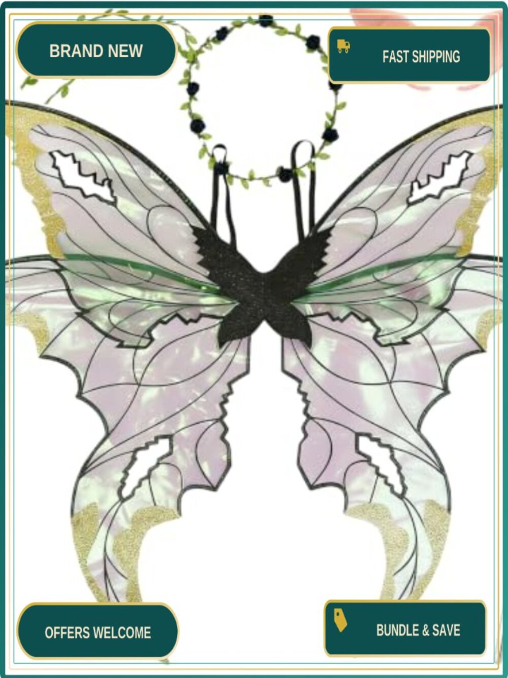 Fairy Wings Costume Set Butterfly Wings Floral Garland Wand Elf Ears Cosplay
